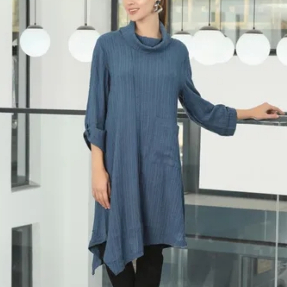 NWT Ever Sassy Assymetrical Pointed Hem Blue High Neck Dress